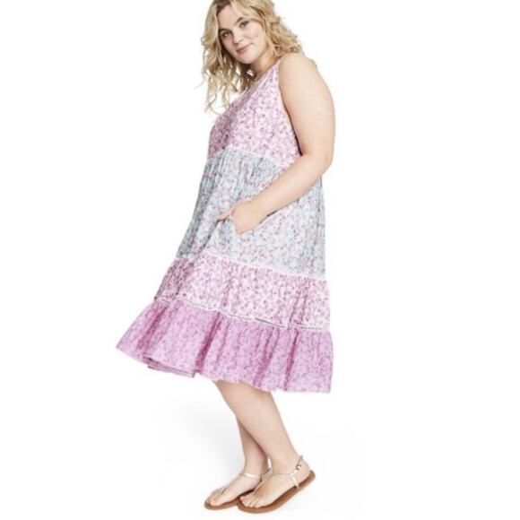 LoveShackFancy X Target Camille Blue Pink Floral Tiered V-Neck Midi Dress - Picture 8 of 8